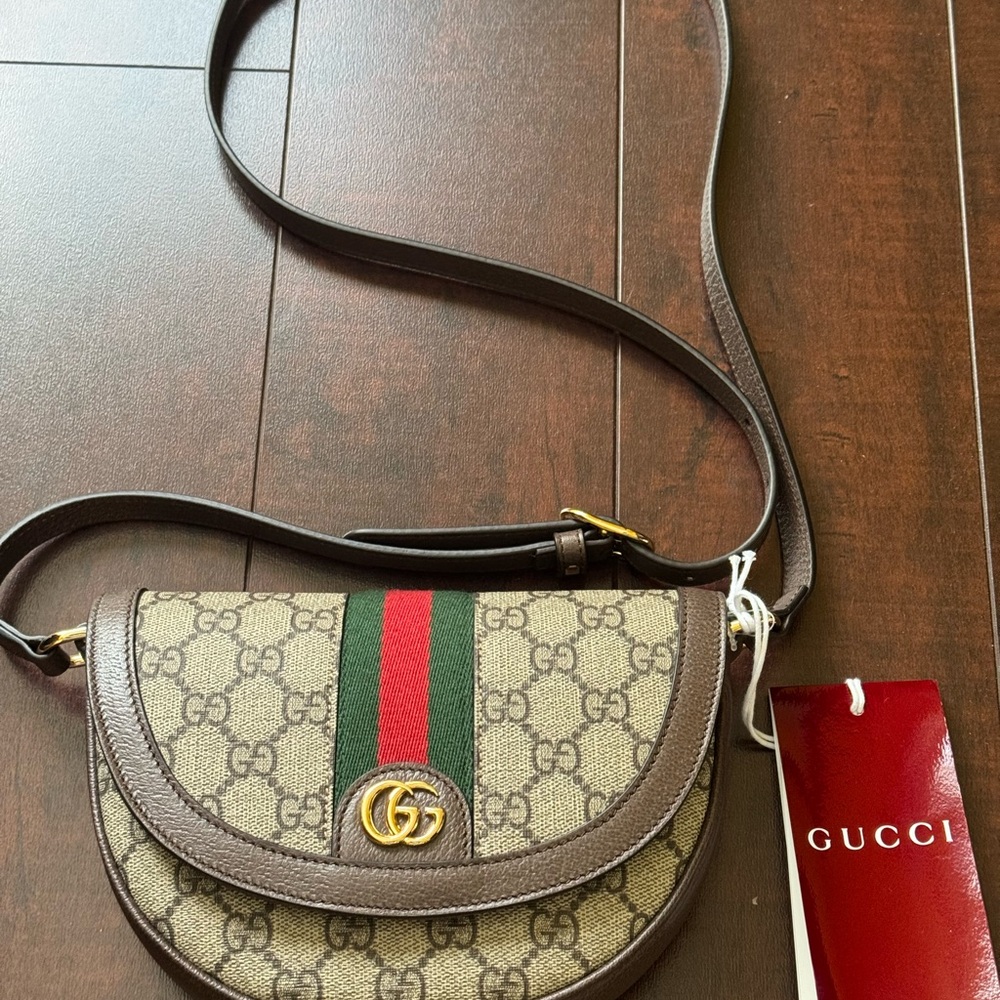 New Authentic Gucci Ophidia Brown Leather Crossbody Bag with Signature Design - Picture 2 of 16